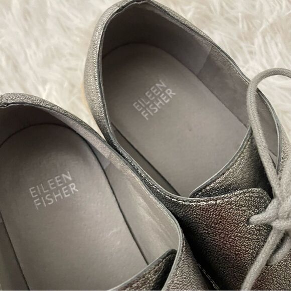 EILEEN FISHER Everly Derby Metallic Silver Leather Laceup Platform sneakers sz 6 - Picture 7 of 9